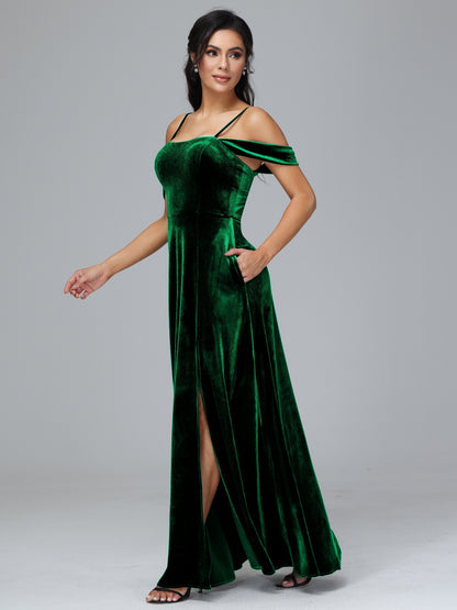 Spaghetti Straps Off Shoulder Plus Size Velvet Bridesmaid Dress With Slit