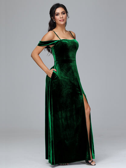 Spaghetti Straps Off Shoulder Plus Size Velvet Bridesmaid Dress With Slit