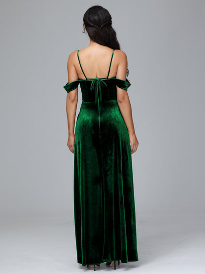 Spaghetti Straps Off Shoulder Plus Size Velvet Bridesmaid Dress With Slit