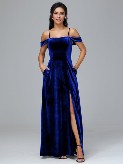 Spaghetti Straps Off Shoulder Plus Size Velvet Bridesmaid Dress With Slit