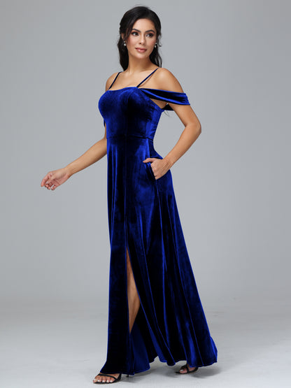 Spaghetti Straps Off Shoulder Plus Size Velvet Bridesmaid Dress With Slit