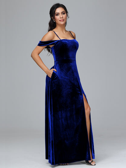 Spaghetti Straps Off Shoulder Plus Size Velvet Bridesmaid Dress With Slit