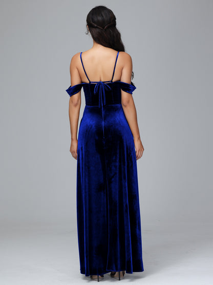Spaghetti Straps Off Shoulder Plus Size Velvet Bridesmaid Dress With Slit