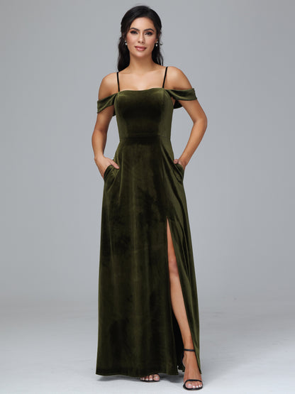 Spaghetti Straps Off Shoulder Plus Size Velvet Bridesmaid Dress With Slit