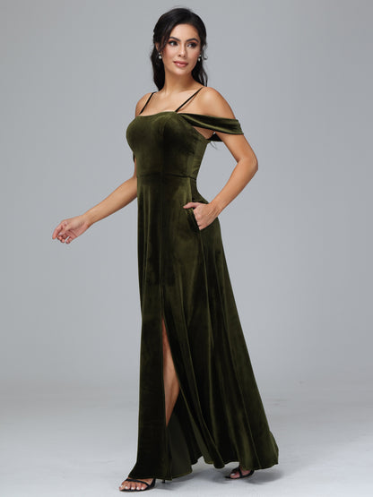 Spaghetti Straps Off Shoulder Plus Size Velvet Bridesmaid Dress With Slit