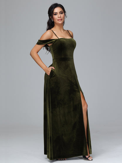 Spaghetti Straps Off Shoulder Plus Size Velvet Bridesmaid Dress With Slit