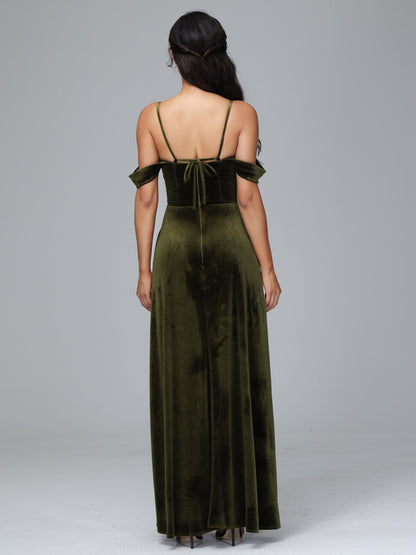 Spaghetti Straps Off Shoulder Plus Size Velvet Bridesmaid Dress With Slit