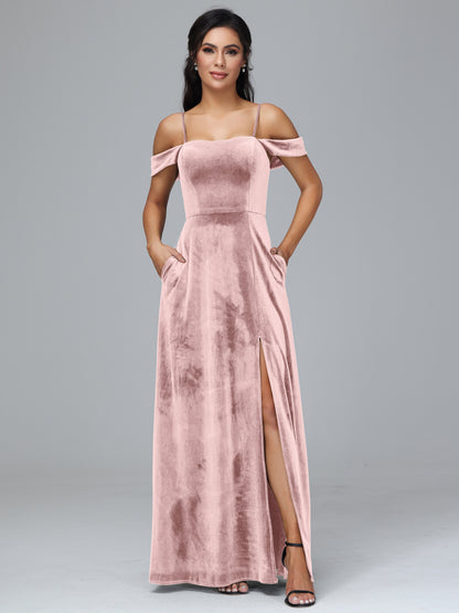 Spaghetti Straps Off Shoulder Plus Size Velvet Bridesmaid Dress With Slit