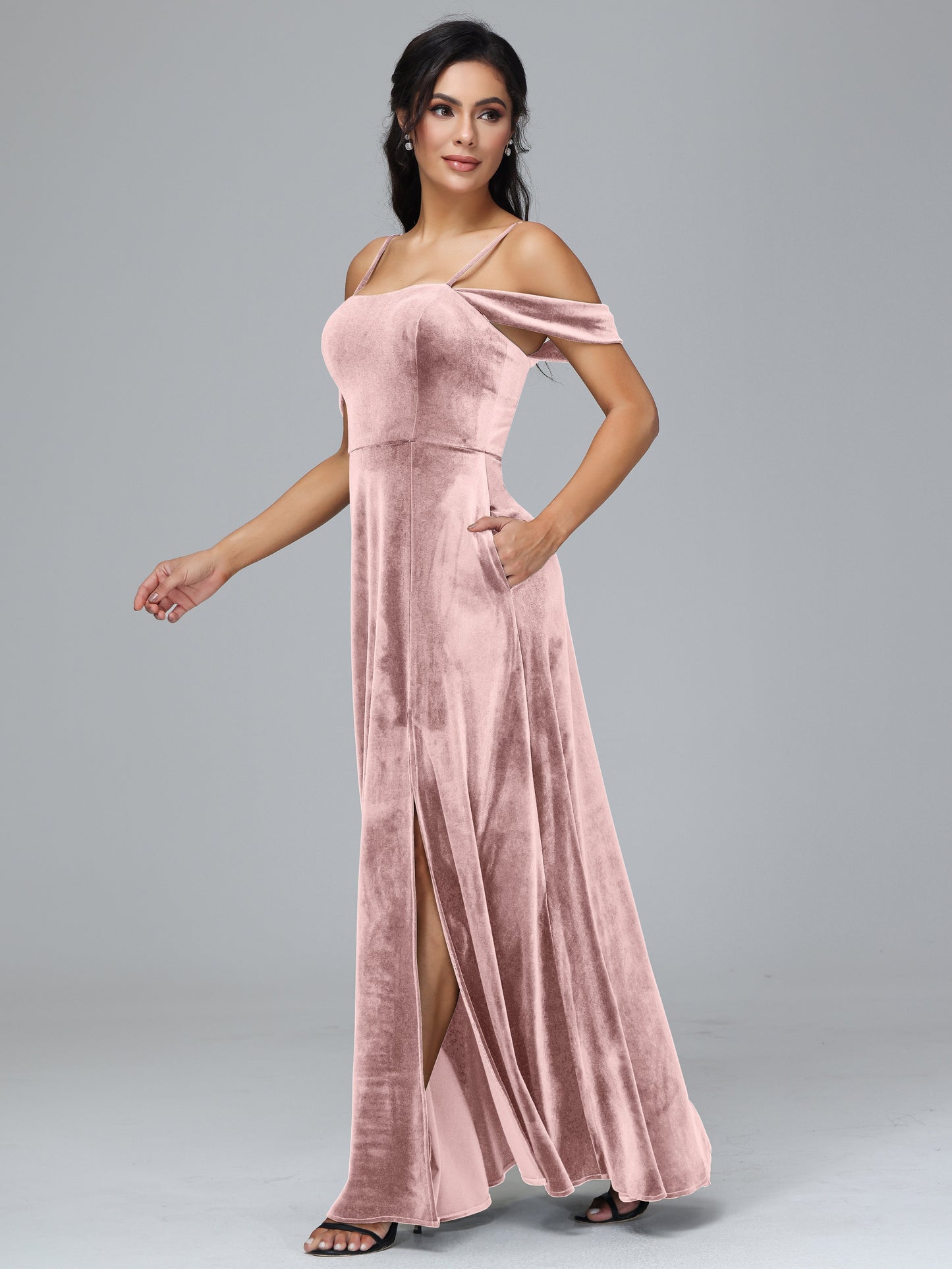 Spaghetti Straps Off Shoulder Plus Size Velvet Bridesmaid Dress With Slit
