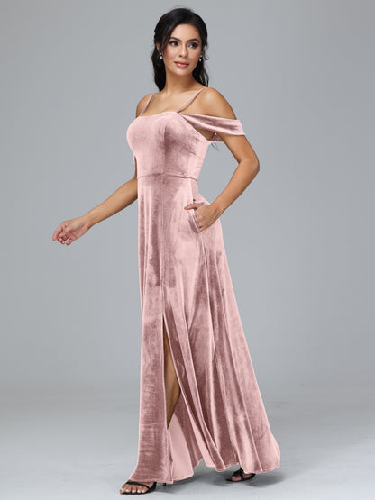 Spaghetti Straps Off Shoulder Plus Size Velvet Bridesmaid Dress With Slit