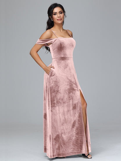 Spaghetti Straps Off Shoulder Plus Size Velvet Bridesmaid Dress With Slit