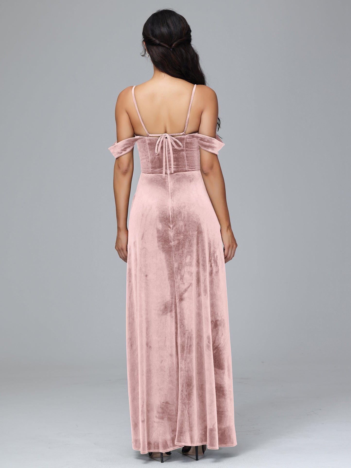 Spaghetti Straps Off Shoulder Plus Size Velvet Bridesmaid Dress With Slit