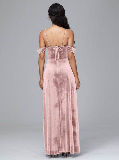 Spaghetti Straps Off Shoulder Plus Size Velvet Bridesmaid Dress With Slit