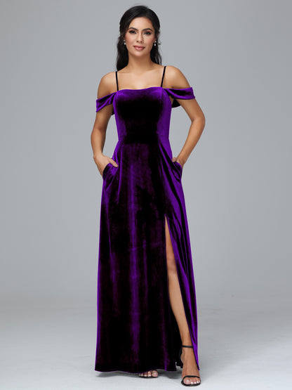 Spaghetti Straps Off Shoulder Plus Size Velvet Bridesmaid Dress With Slit
