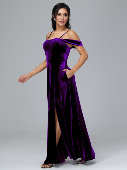 Spaghetti Straps Off Shoulder Plus Size Velvet Bridesmaid Dress With Slit