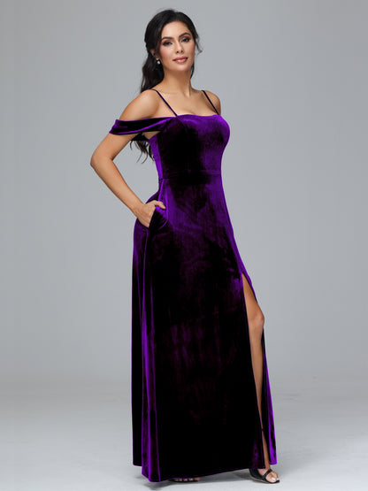 Spaghetti Straps Off Shoulder Plus Size Velvet Bridesmaid Dress With Slit