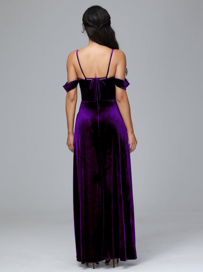 Spaghetti Straps Off Shoulder Plus Size Velvet Bridesmaid Dress With Slit