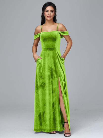 Spaghetti Straps Off Shoulder Plus Size Velvet Bridesmaid Dress With Slit