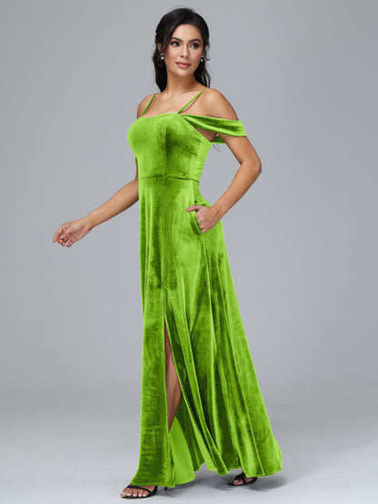 Spaghetti Straps Off Shoulder Plus Size Velvet Bridesmaid Dress With Slit