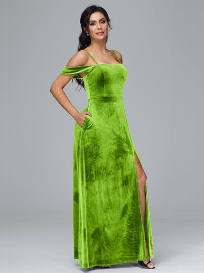 Spaghetti Straps Off Shoulder Plus Size Velvet Bridesmaid Dress With Slit