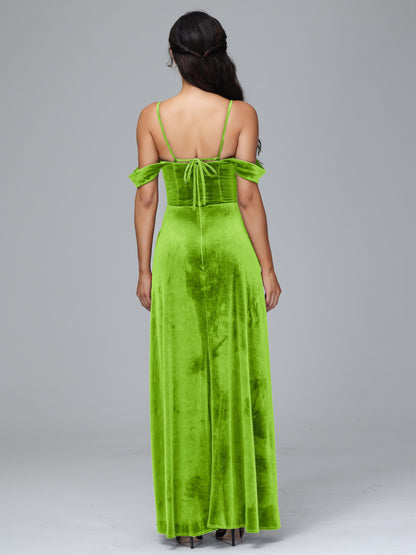 Spaghetti Straps Off Shoulder Plus Size Velvet Bridesmaid Dress With Slit