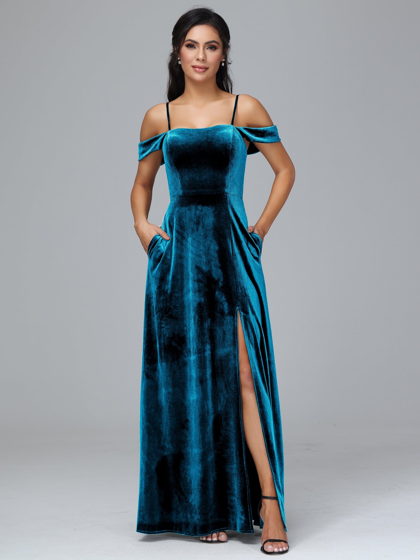 Spaghetti Straps Off Shoulder Plus Size Velvet Bridesmaid Dress With Slit