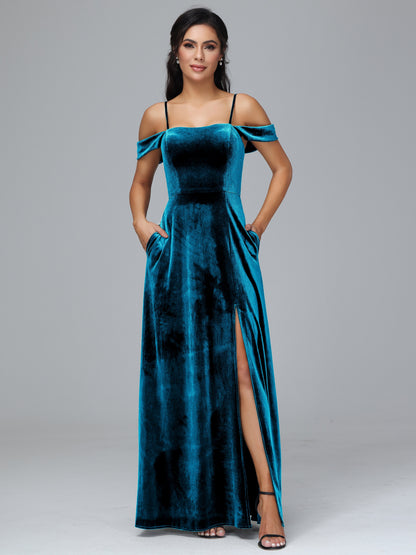 Spaghetti Straps Off Shoulder Plus Size Velvet Bridesmaid Dress With Slit