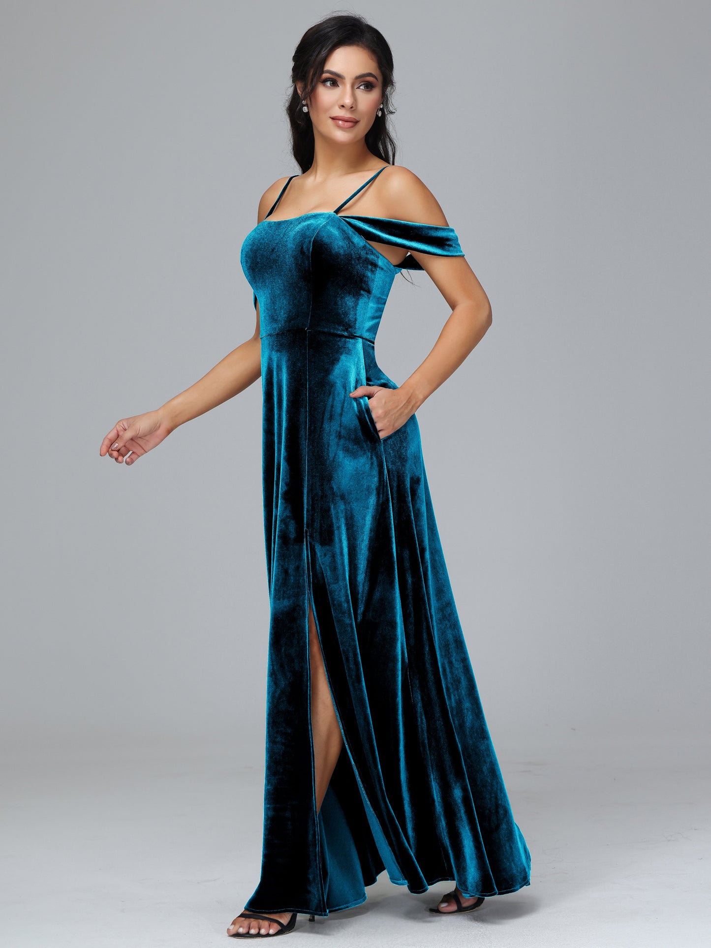 Spaghetti Straps Off Shoulder Plus Size Velvet Bridesmaid Dress With Slit