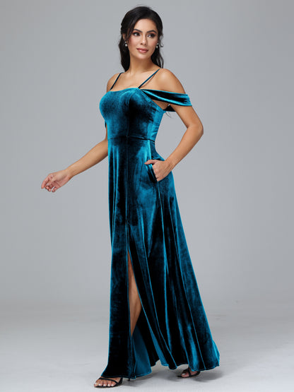 Spaghetti Straps Off Shoulder Plus Size Velvet Bridesmaid Dress With Slit