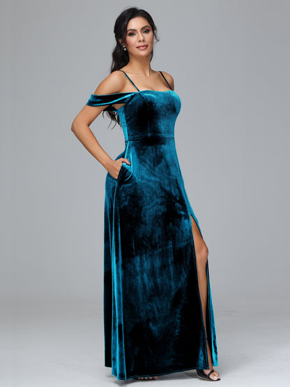 Spaghetti Straps Off Shoulder Plus Size Velvet Bridesmaid Dress With Slit