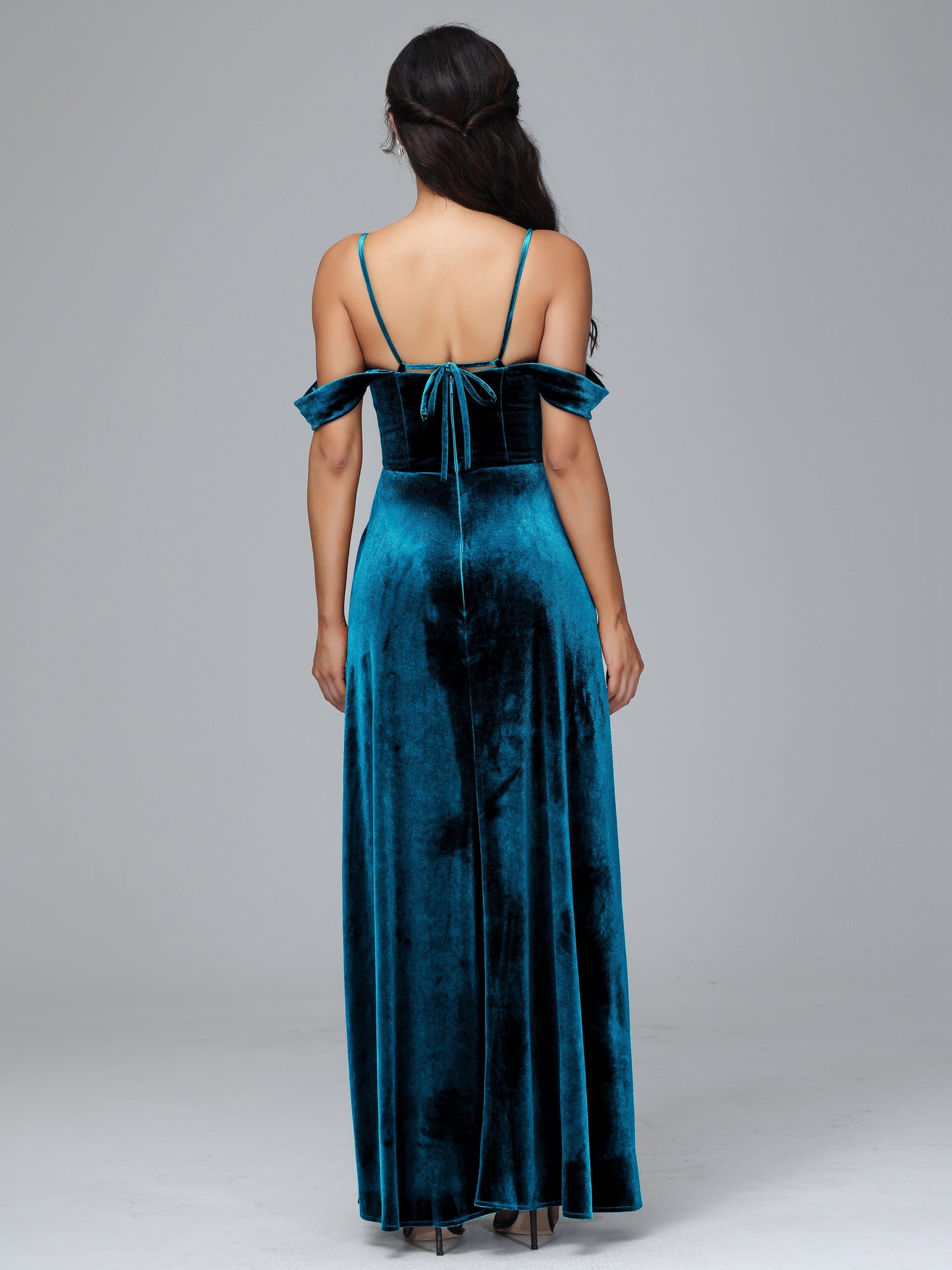 Spaghetti Straps Off Shoulder Plus Size Velvet Bridesmaid Dress With Slit