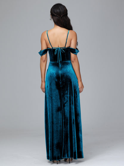 Spaghetti Straps Off Shoulder Plus Size Velvet Bridesmaid Dress With Slit