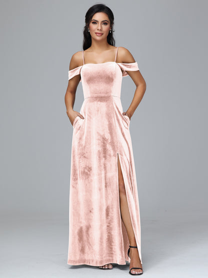 Spaghetti Straps Off Shoulder Plus Size Velvet Bridesmaid Dress With Slit