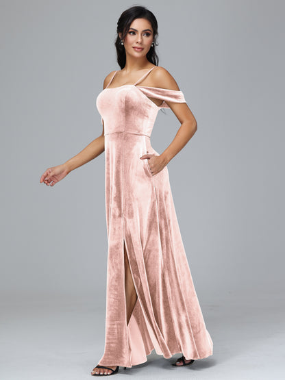 Spaghetti Straps Off Shoulder Plus Size Velvet Bridesmaid Dress With Slit