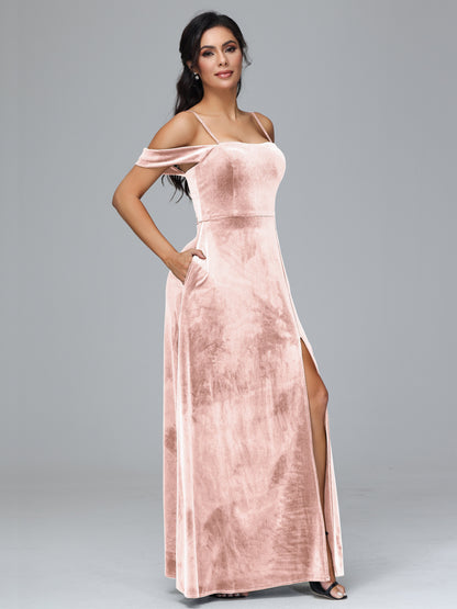 Spaghetti Straps Off Shoulder Plus Size Velvet Bridesmaid Dress With Slit