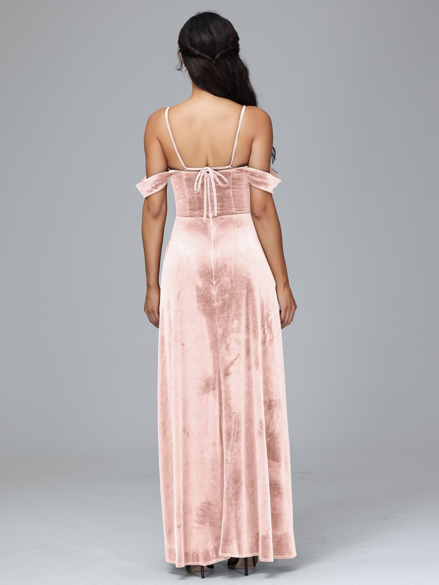 Spaghetti Straps Off Shoulder Plus Size Velvet Bridesmaid Dress With Slit