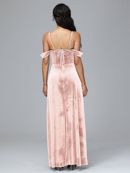 Spaghetti Straps Off Shoulder Plus Size Velvet Bridesmaid Dress With Slit