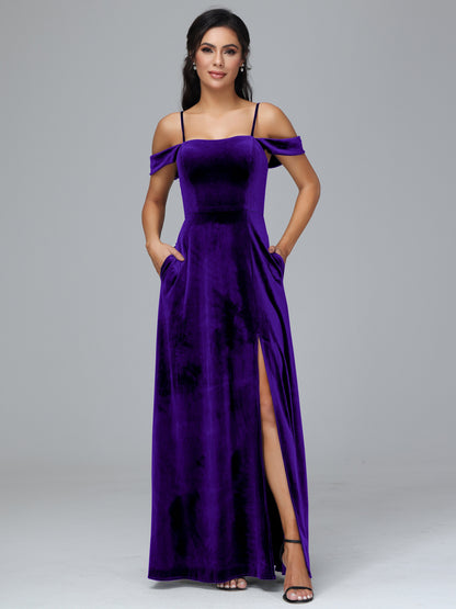 Spaghetti Straps Off Shoulder Plus Size Velvet Bridesmaid Dress With Slit