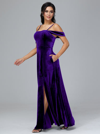 Spaghetti Straps Off Shoulder Plus Size Velvet Bridesmaid Dress With Slit