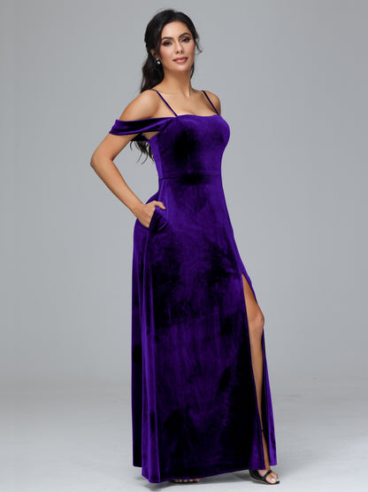 Spaghetti Straps Off Shoulder Plus Size Velvet Bridesmaid Dress With Slit
