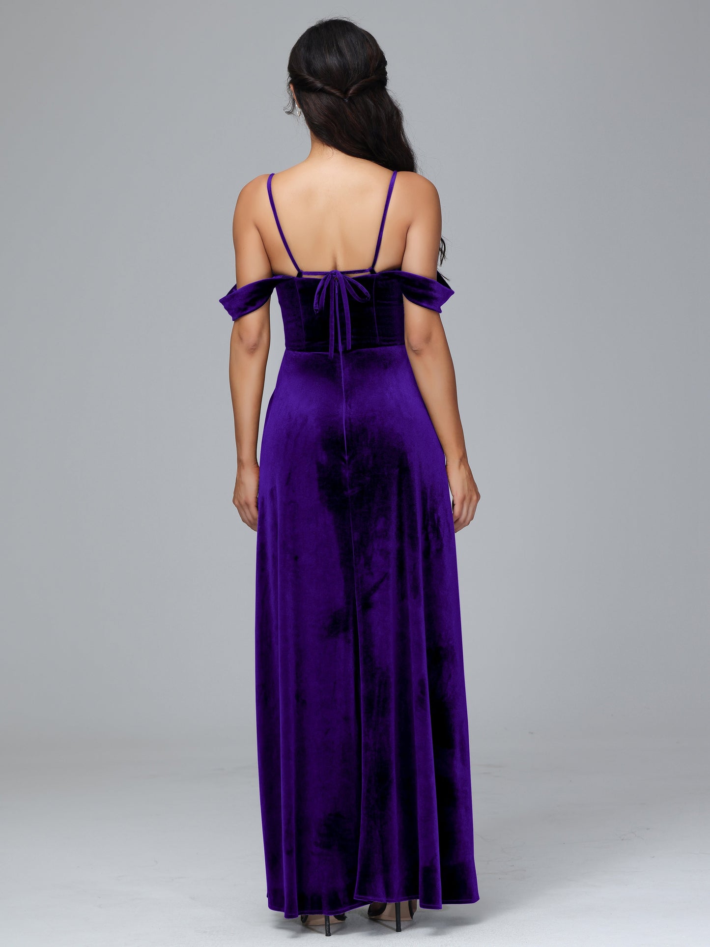 Spaghetti Straps Off Shoulder Plus Size Velvet Bridesmaid Dress With Slit