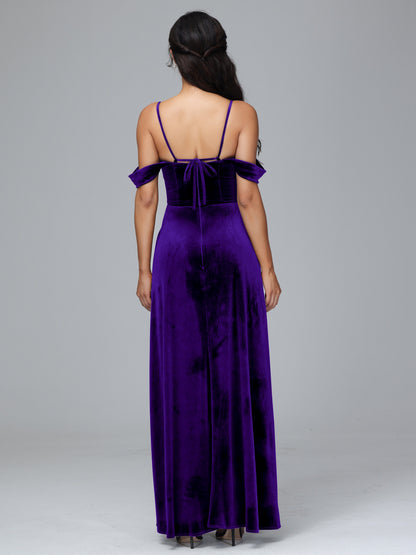 Spaghetti Straps Off Shoulder Plus Size Velvet Bridesmaid Dress With Slit