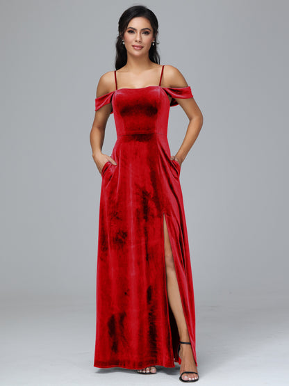 Spaghetti Straps Off Shoulder Plus Size Velvet Bridesmaid Dress With Slit