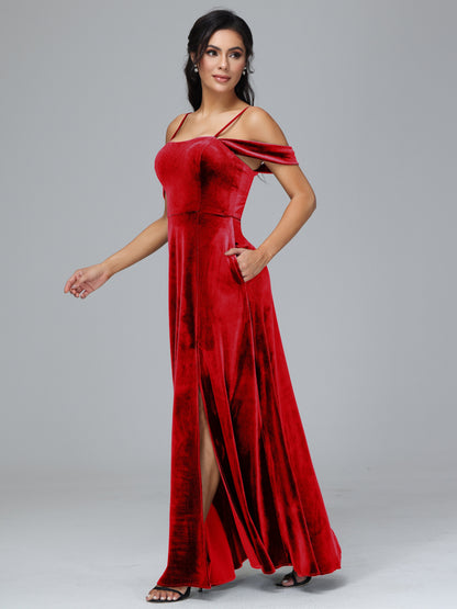 Spaghetti Straps Off Shoulder Plus Size Velvet Bridesmaid Dress With Slit