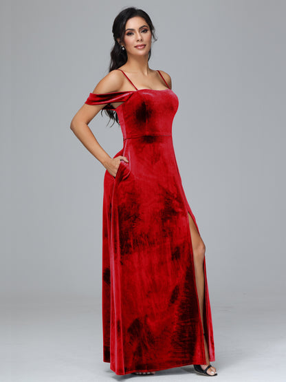 Spaghetti Straps Off Shoulder Plus Size Velvet Bridesmaid Dress With Slit