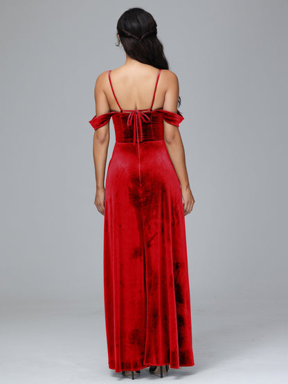Spaghetti Straps Off Shoulder Plus Size Velvet Bridesmaid Dress With Slit