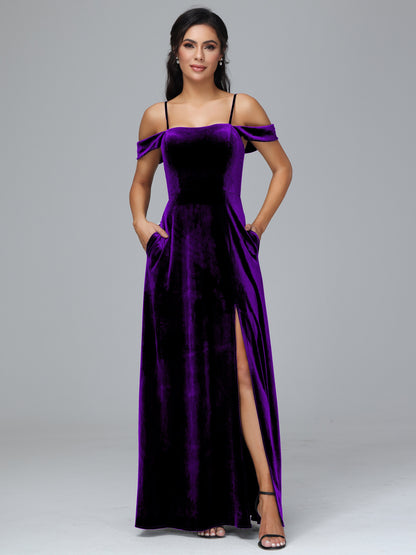 Spaghetti Straps Off Shoulder Plus Size Velvet Bridesmaid Dress With Slit