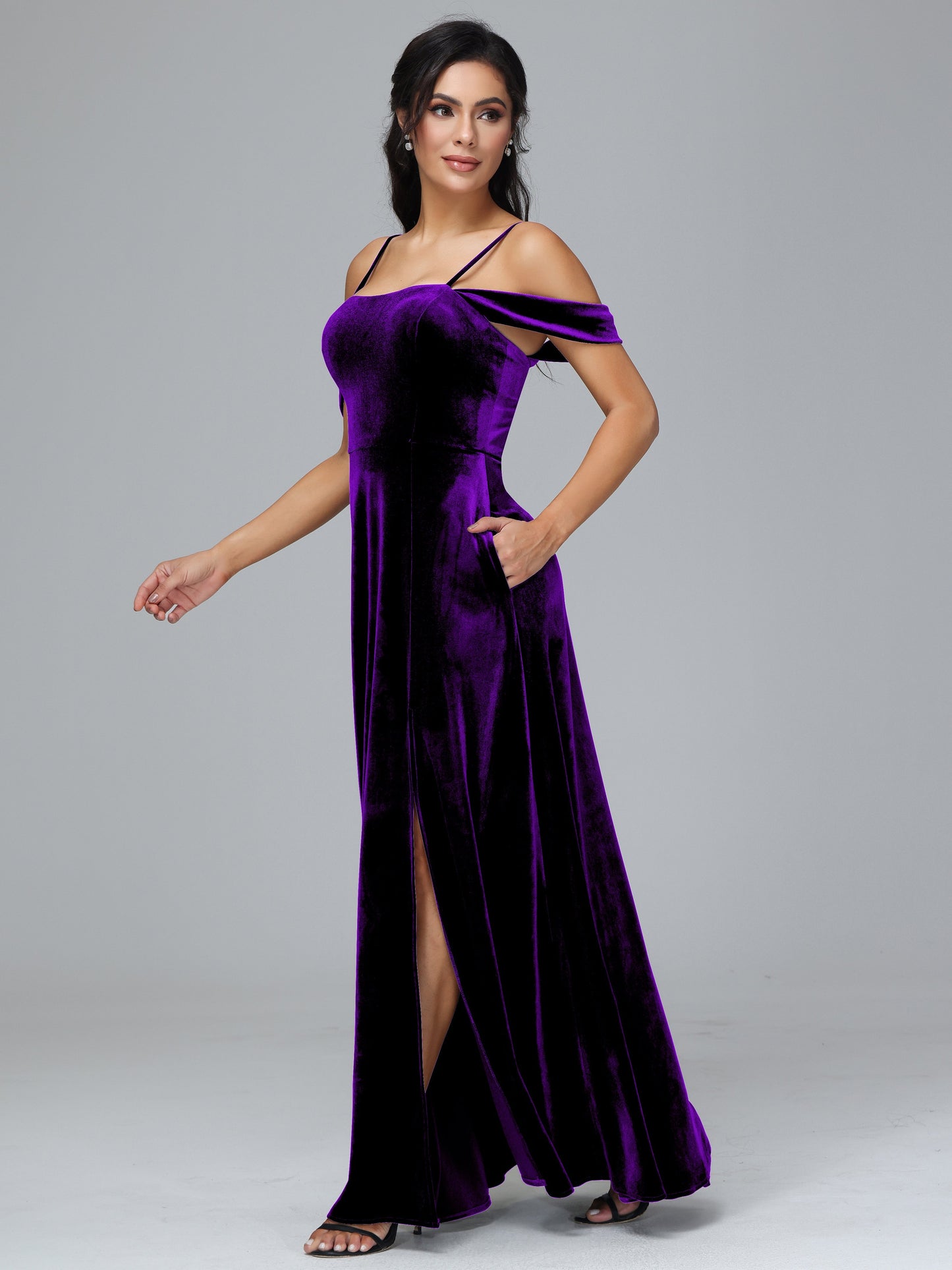 Spaghetti Straps Off Shoulder Plus Size Velvet Bridesmaid Dress With Slit