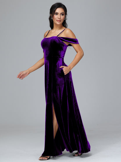 Spaghetti Straps Off Shoulder Plus Size Velvet Bridesmaid Dress With Slit