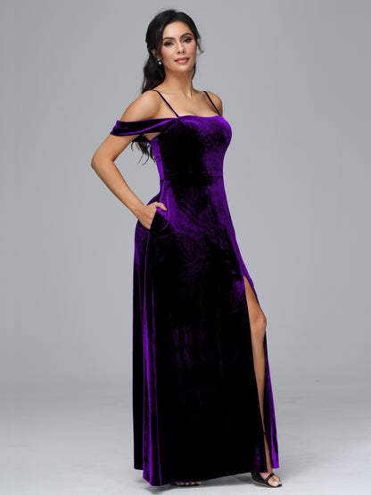 Spaghetti Straps Off Shoulder Plus Size Velvet Bridesmaid Dress With Slit